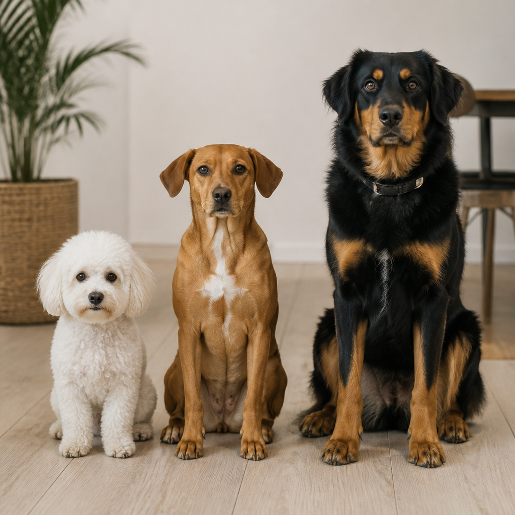 Trois chiens de gabarits différents assis côte à côte sur un parquet clair, un petit chien blanc à poil frisé, un chien moyen roux à poil court et un grand chien noir et feu, vus de face en lumière naturelle