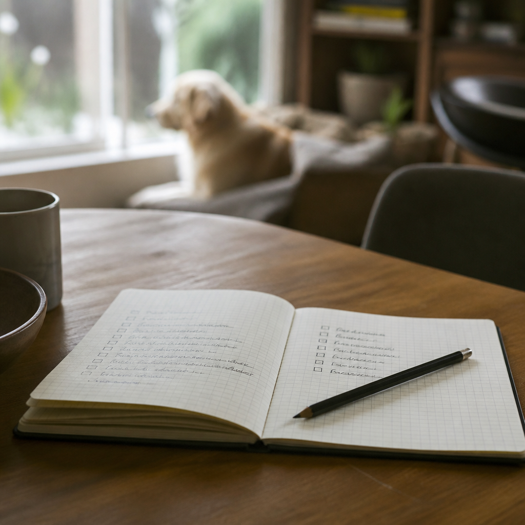 Cahier ouvert sur une table avec une liste manuscrite de critères et un crayon, silhouette floue d'un chien couché en arrière-plan du salon